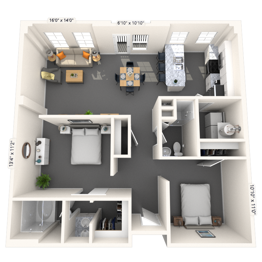 Floor plan for 2 beds, 2 baths, 1049 sqft